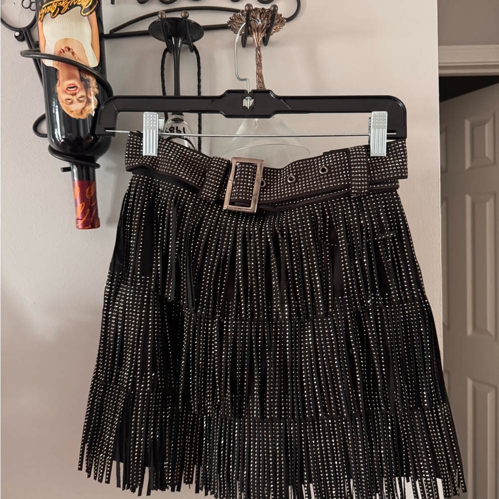 Trendy boutique Black Studded Fringe Mini Skirt with Belt